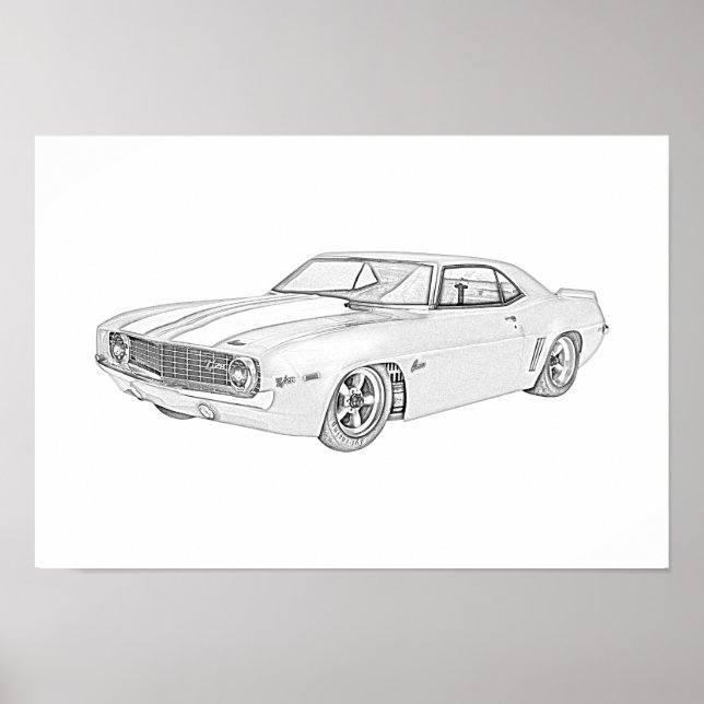 1969 Chevy Camaro Pencil Stil Black and White Poster (Framsidan)