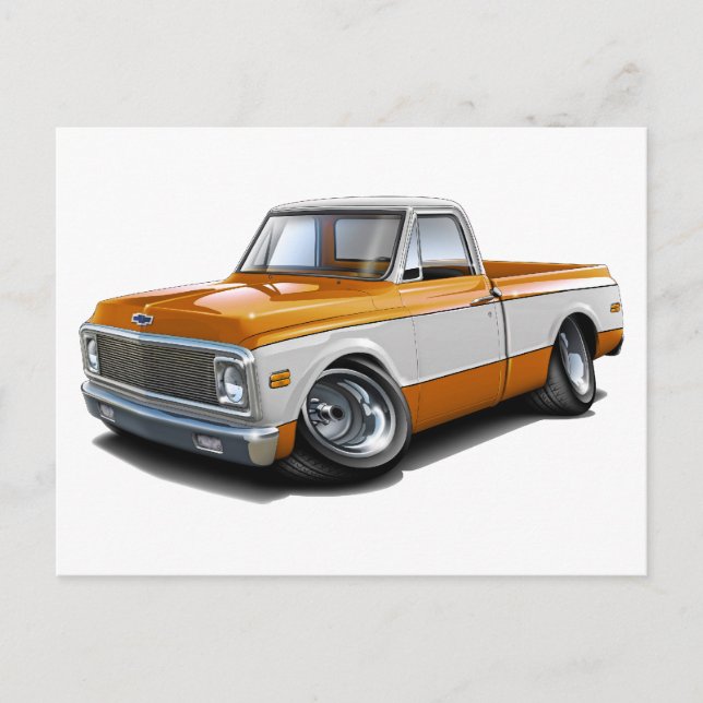 1970-72 Chevy C10 Orange-White Lastbil Vykort (Framsida)