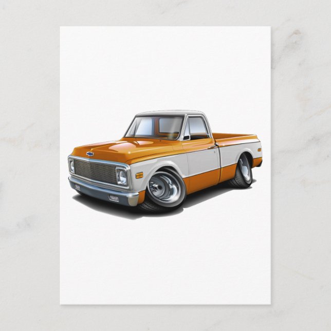 1970-72 Chevy C10 Orange-White Lastbil Vykort (Framsida)