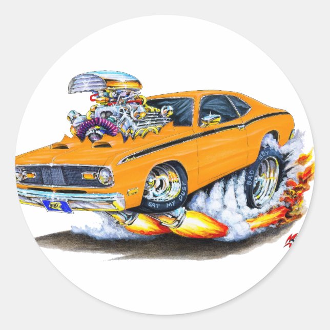 1970-74 Plymouth Duster Orange Car Runt Klistermärke (Framsida)