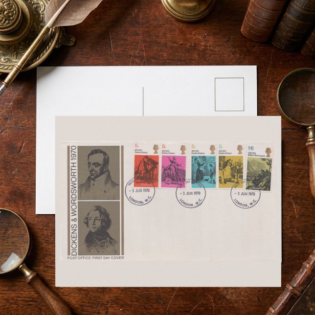 1970 Dickens & Wordsworth Första Dags Kuvert Antik Vykort (antique 1970 Dickens and Wordsworth postage stamp postcard, perfect for the analogue archivist)