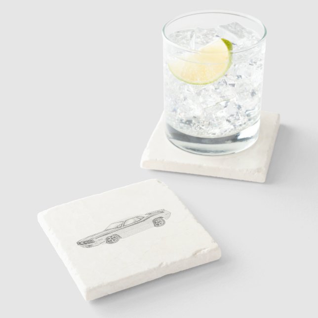 1970 Plymouth Barracuda Black and White Teckning Underlägg Sten (Sidan)