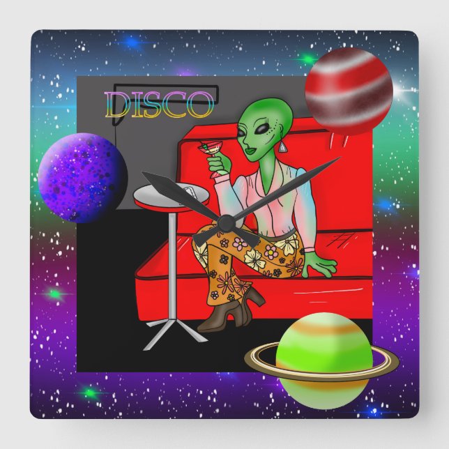 1970:s Retro Extraterrestrial i Disco Lounge Fyrkantig Klocka (Framsida)