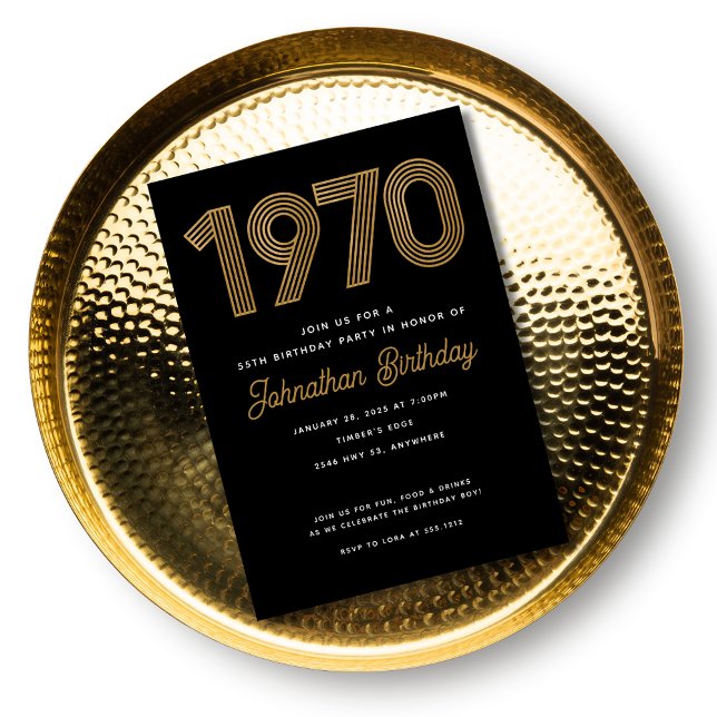 1970 Svarta faux Guld 50:e födelsedagsinbjudan Inbjudningar (1970 Black Faux Gold 50th Birthday Invitation)