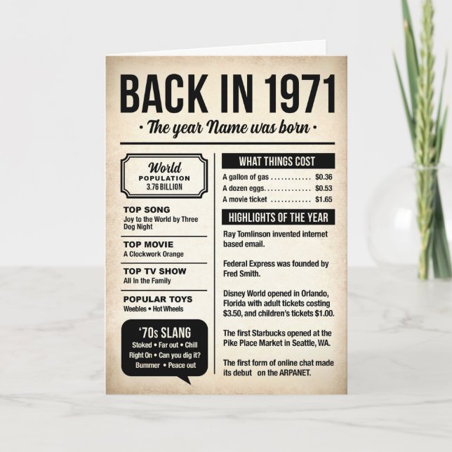 1971 Back in the Day, Fun Facts Birthday Card Kort (Framsida)