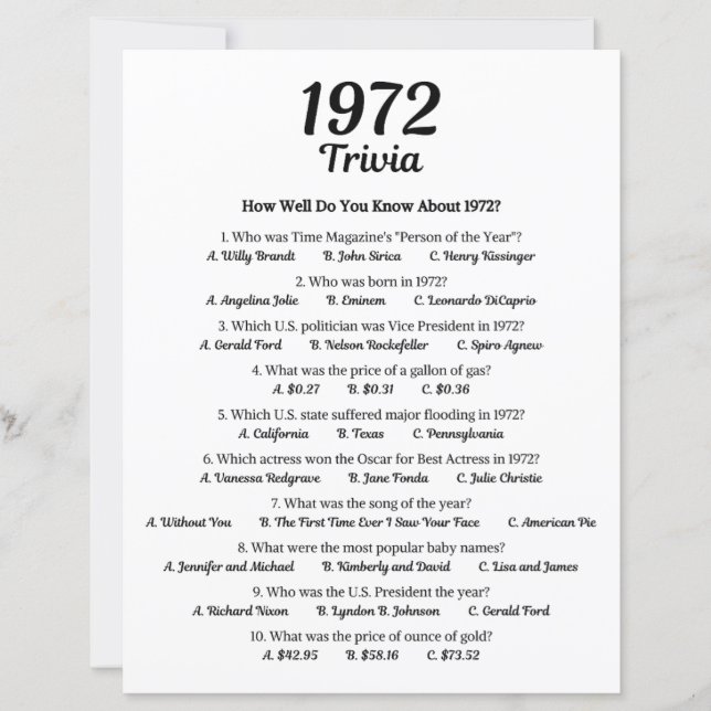 1972 Trivia Spel | 54-års födelsedagsfest spel (Framsida)