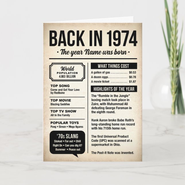 1974 Back in the Day, Fun Facts Birthday Card Kort (Framsida)