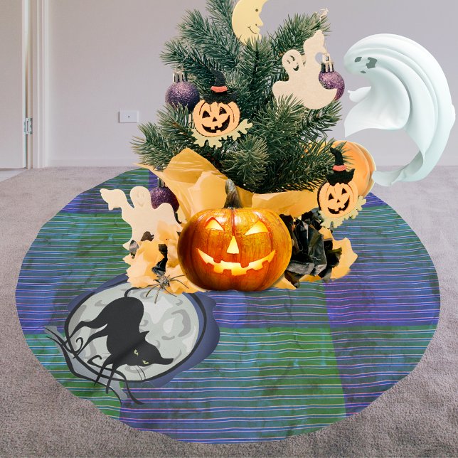 1974 Stil svart katt och full månblå Grönt Julgransmatta Borstad Polyester (1974 Style Black Cat and Full Moon Blue Green Brushed Polyester Tree Skirt)