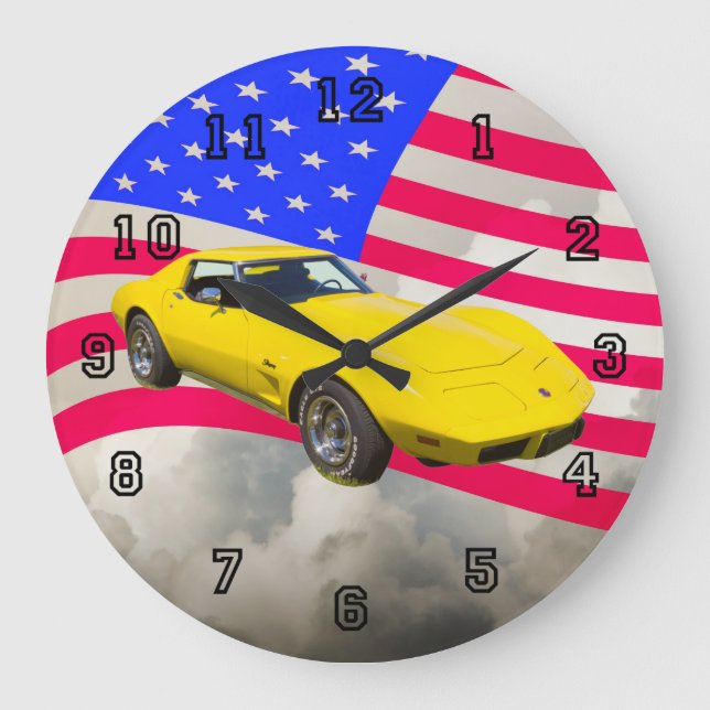 1975 Korvette Stingray med amerikansk Flagga Stor Klocka (Framsida)