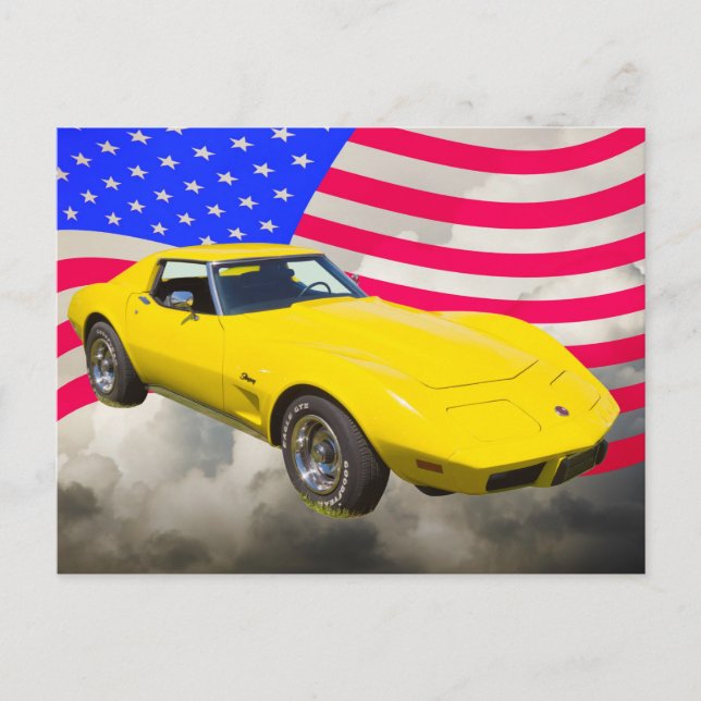 1975 Korvette Stingray med amerikansk Flagga Vykort (Framsida)