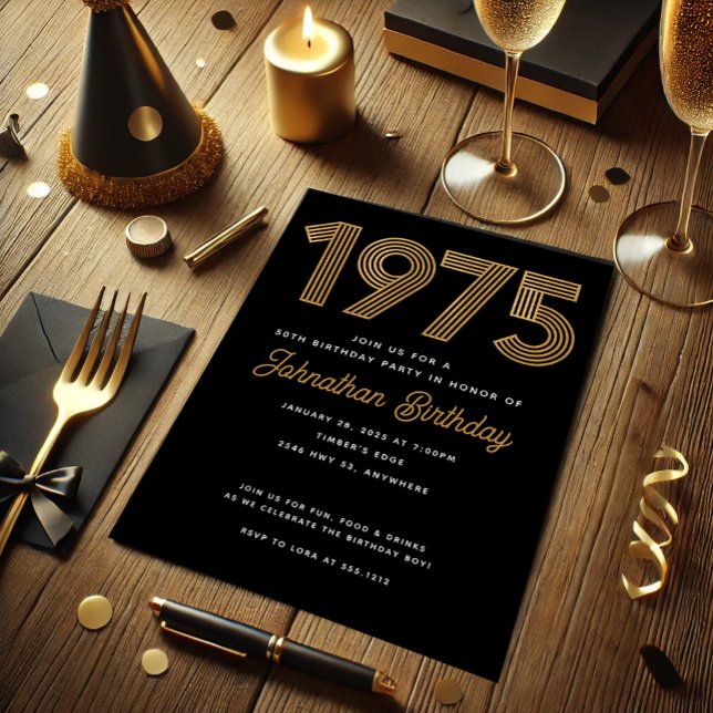 1975 Svart Falskt Guld 50-års Födelsedagsinbjudan Inbjudningar (1975 Black Faux Gold 50th Birthday Invitation)