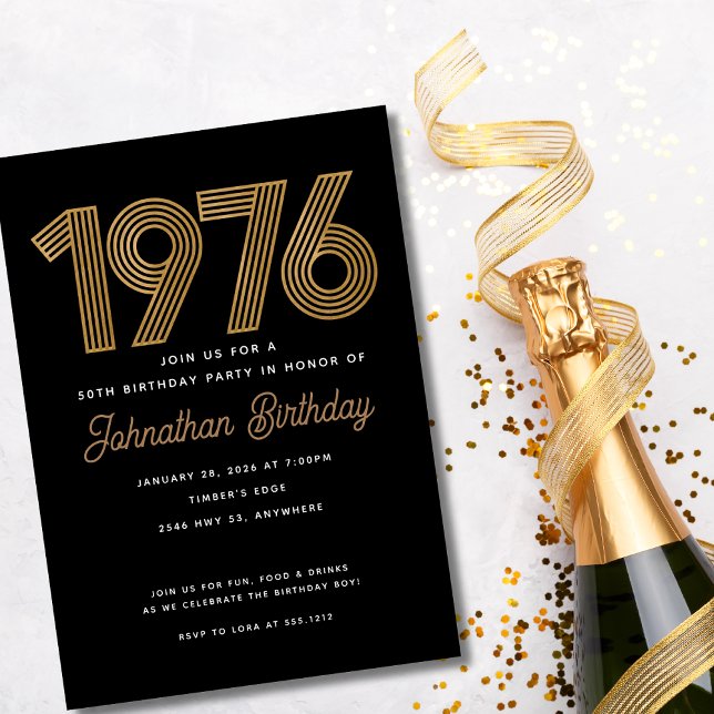 1976 Svart och falskt guld 50-års födelsedagsinbju Inbjudningar (1976 Black and Faux Gold 50th Birthday Invitation)