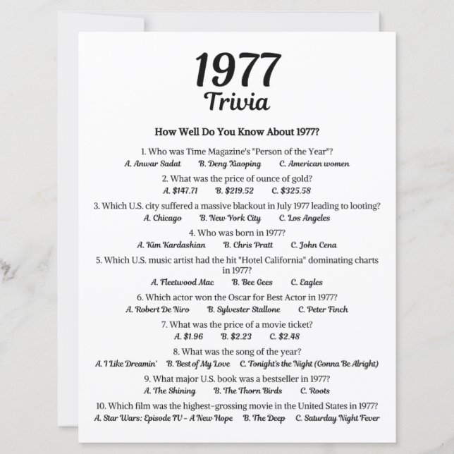 1977 Trivia Spel | 49-års födelsedagsfirande (Framsida)