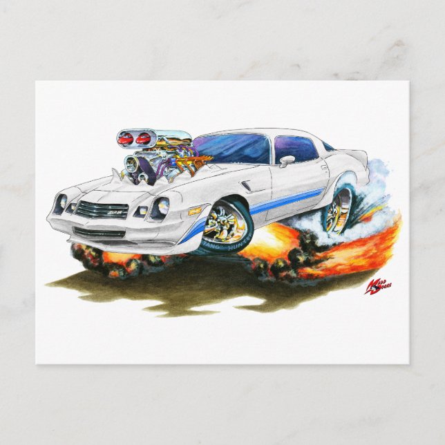 1979-81 Camaro Z28 Vit-blå bil Vykort (Framsida)