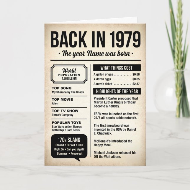 1979 Back in the Day, Fun Facts Birthday Card Kort (Framsida)