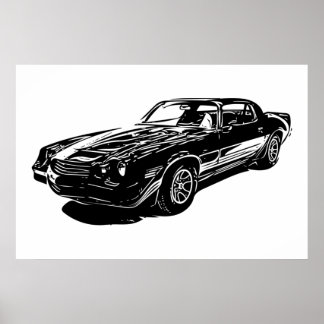 1980 svartvit, minimalistisk utformning av Camaro. Poster