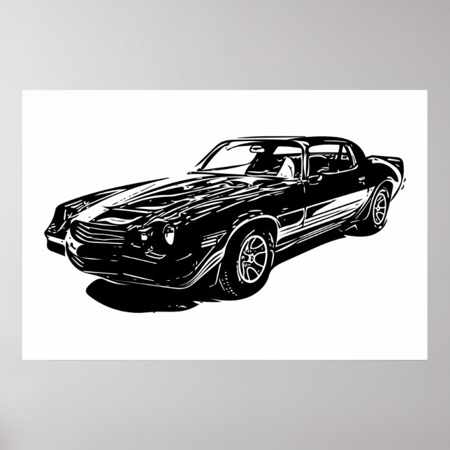 1980 svartvit, minimalistisk utformning av Camaro. Poster (Framsidan)