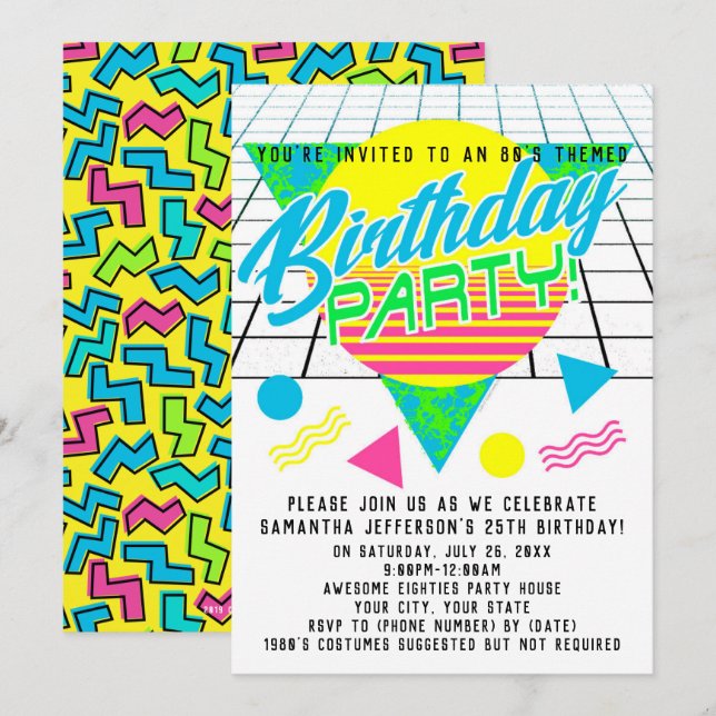 1980-talets färgstarka geometriska Födelsedagsfest Inbjudningar (Fram/baksida)