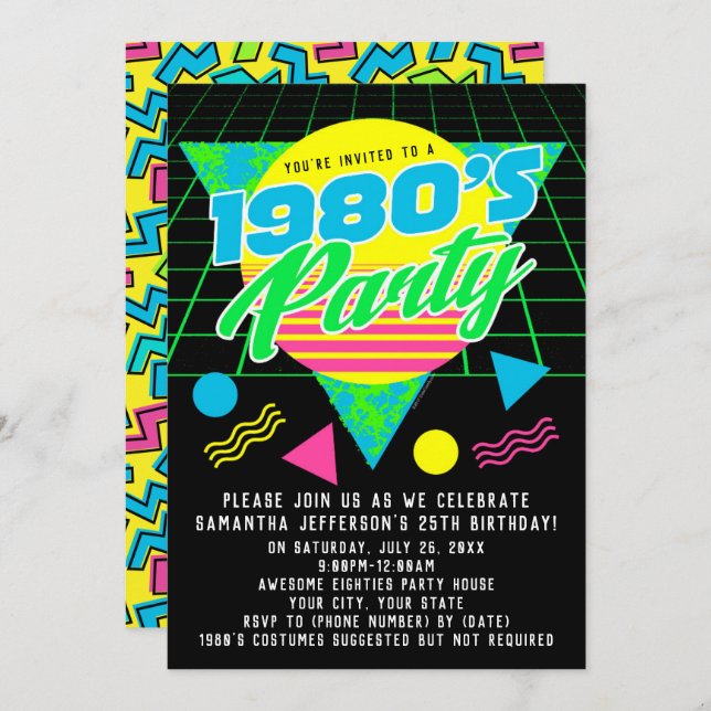 1980-talets färgstarka geometriska Födelsedagsfest Inbjudningar (Fram/baksida)