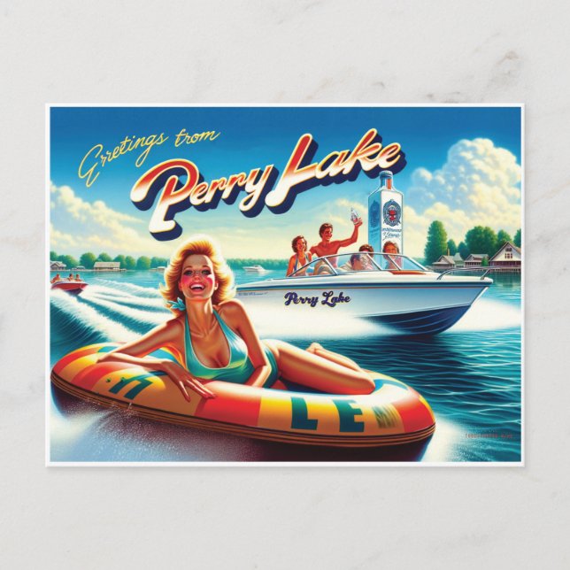 1980-talets flicka på tub- och racerbåt vykort (Framsida)