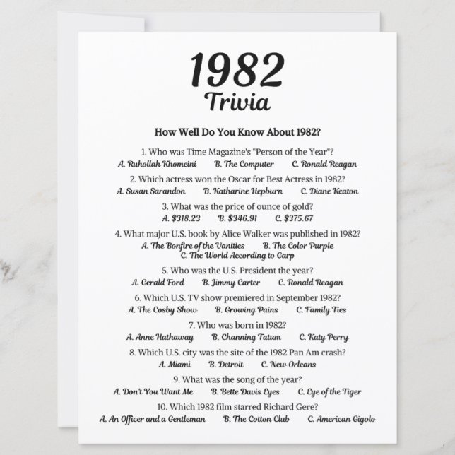 1982 Trivia Spel | 44-års Födelsedagsfirande (Framsida)