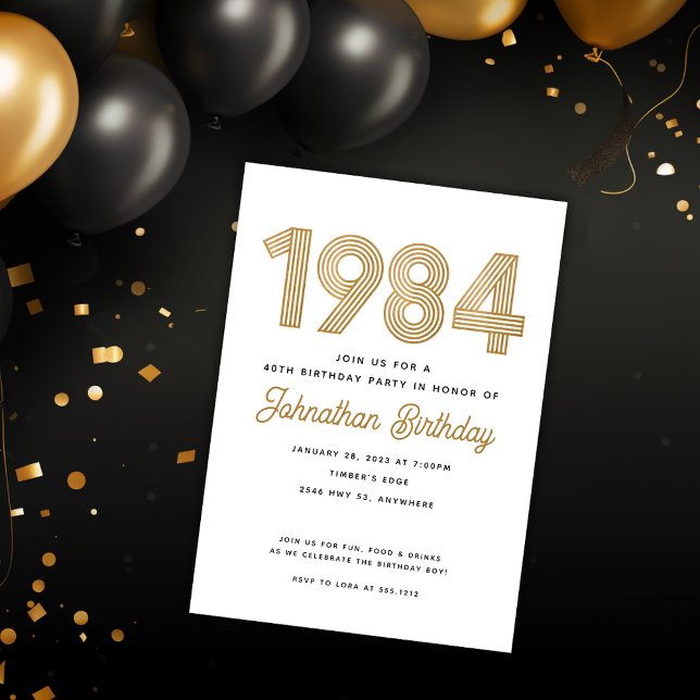 1984 Vit Svart Guld 40-års Födelsedagsinbjudan Inbjudningar (Skapare uppladdad)