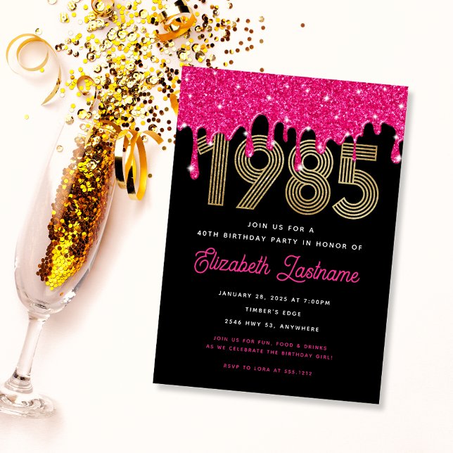 1985 Rosa Glitter Drip 40:e födelsedagsinbjudan Inbjudningar (Skapare uppladdad)