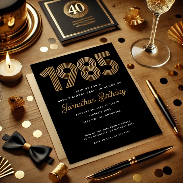 1985 Svart Falskt Guld 40-års Födelsedagsinbjudan Inbjudningar (1985 Black Faux Gold 40th Birthday Invitation)