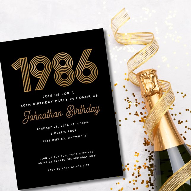 1986 Black and Faux Gold 40th Birthday Invitation  Inbjudningar (1986 Black and Gold 40th Birthday Invitation)