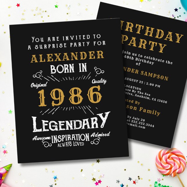 1986 Budget 40-årsfirande Inbjudan Legend Flygblad (1986 birthday invitation budget flyer. White background.)