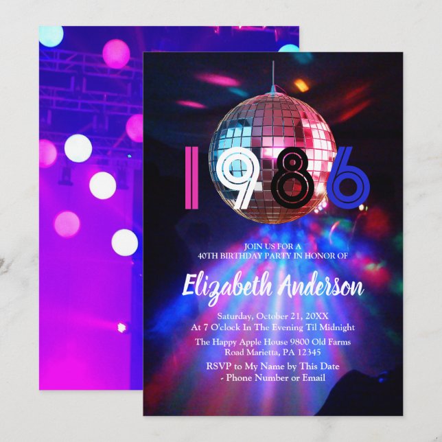 1986 Disco Ball 40th Birthday Party Invitation Inbjudningar (Fram/baksida)