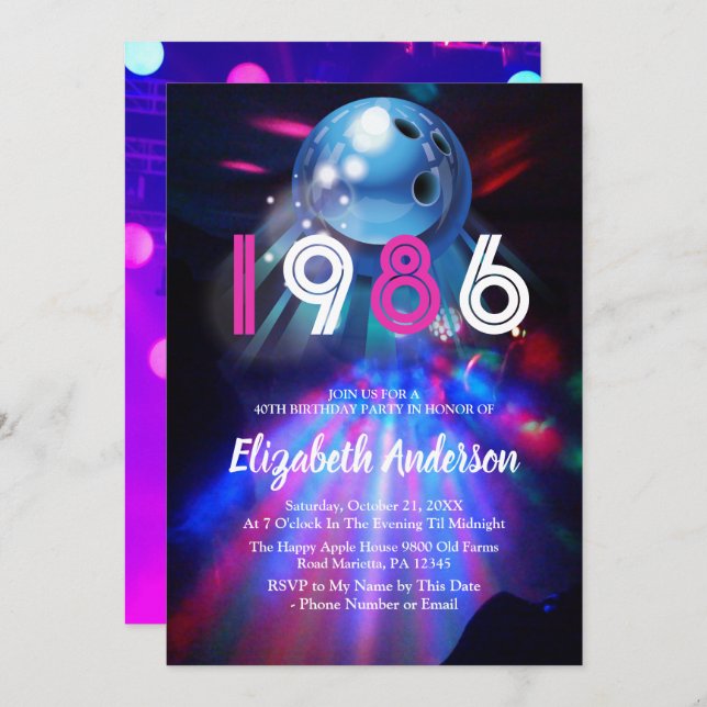 1986 Disco Bowling  40th Birthday Party Invitation Inbjudningar (Fram/baksida)