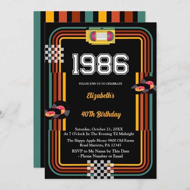 1986 Retro Cassette Disco 40th Birthday Inbjudningar (Fram/baksida)