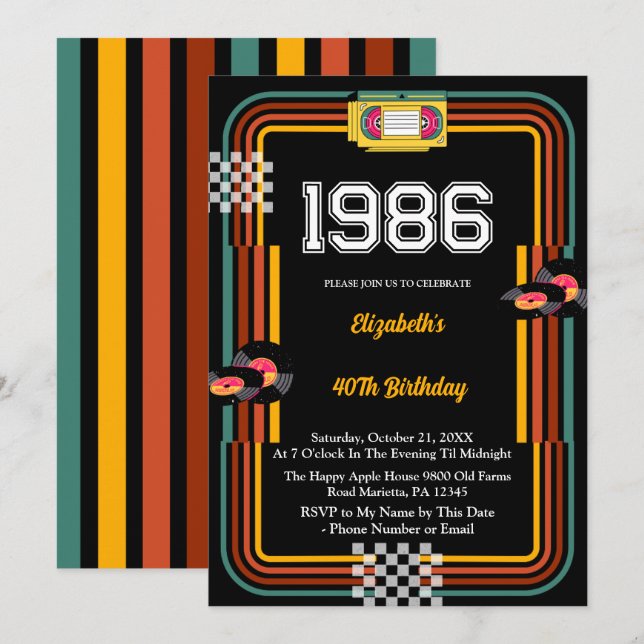 1986 Retro Kassettdisco 40-årsfirande Inbjudningar (Fram/baksida)