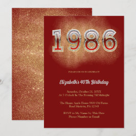 1986 Retro Vintage 40th Birthday Red Glitter Party Inbjudningar