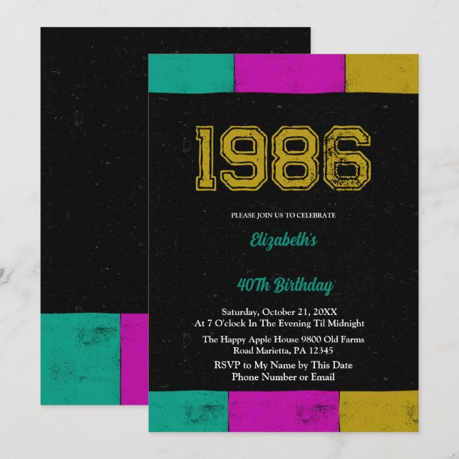 1986 Retro Vintage Färgblock 40-årsdag Inbjudningar (Fram/baksida)