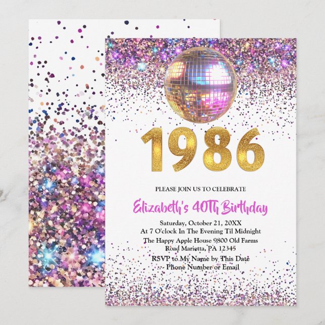 1986 Trendig Glitter Disco 40-årsfirande Inbjudningar (Fram/baksida)