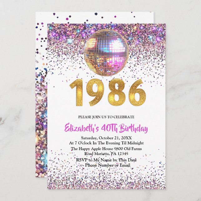 1986 Trendy Glitter Disco 40th Birthday Inbjudningar (Fram/baksida)