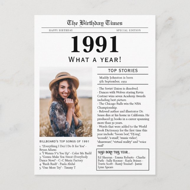 1991 års nyhetsbrev - postkort för födelsedagar vykort (Framsida)