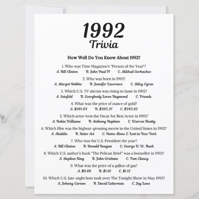 1992 Trivia Spel | 34-års Födelsedagsfirande (Framsida)
