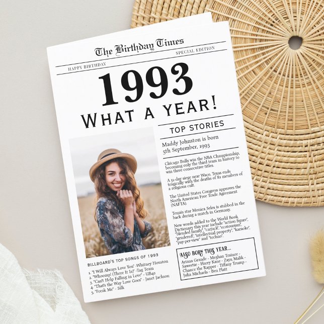 1993 års reklamkort för Grattis på födelsedagen Tack Kort (Birthday Card, born in 1993 newspaper personalized with photo, trivia and fun facts)