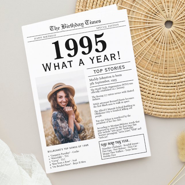 1995 Nyhetsbrev - hälsningskort Helgkort (Birthday Card, born in 1993 newspaper style design with personalized photo, trivia and fun facts)