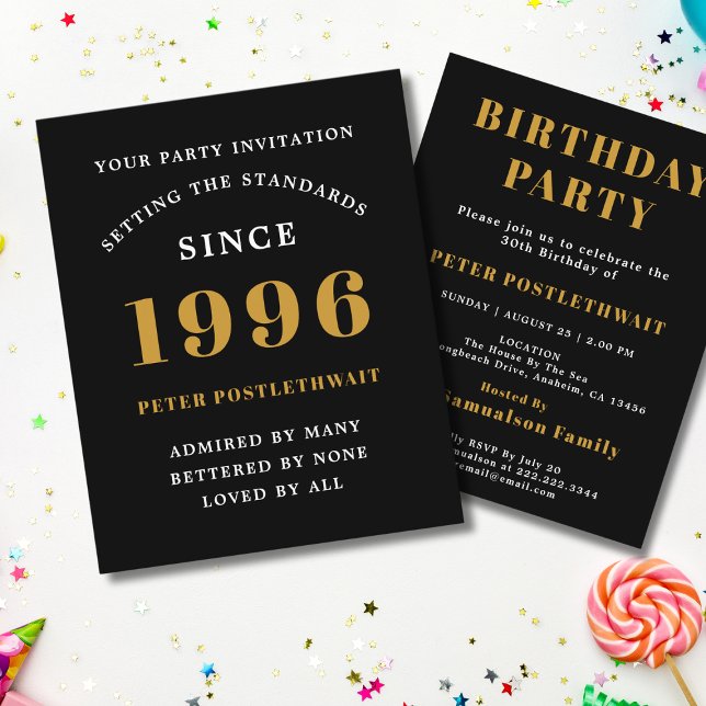 1996 Budget 30-årsfirande Inbjudan Svart Guld Flygblad (1996 birthday invitation budget flyer. White background.)