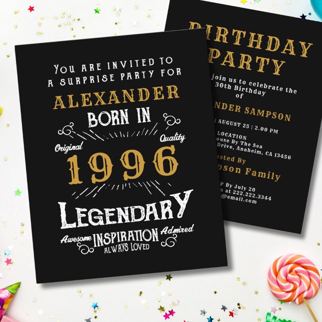 1996 Budget 30-årsfirande Legend Inbjudan Flygblad (1996 birthday invitation budget flyer. White background.)