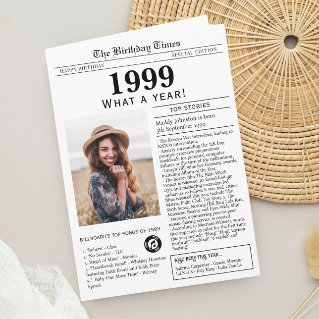 1999 Tidningspapper - födelsedag Kort (Born in 1999 Newspaper Birthday greeting card, with news, trivia and custom photo)