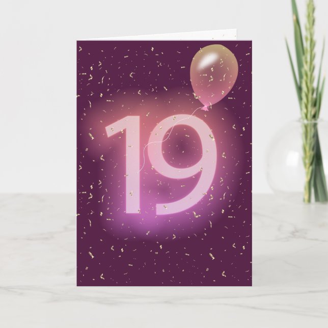 19-års födelsedags neonskylt och ballong kort (Framsida)