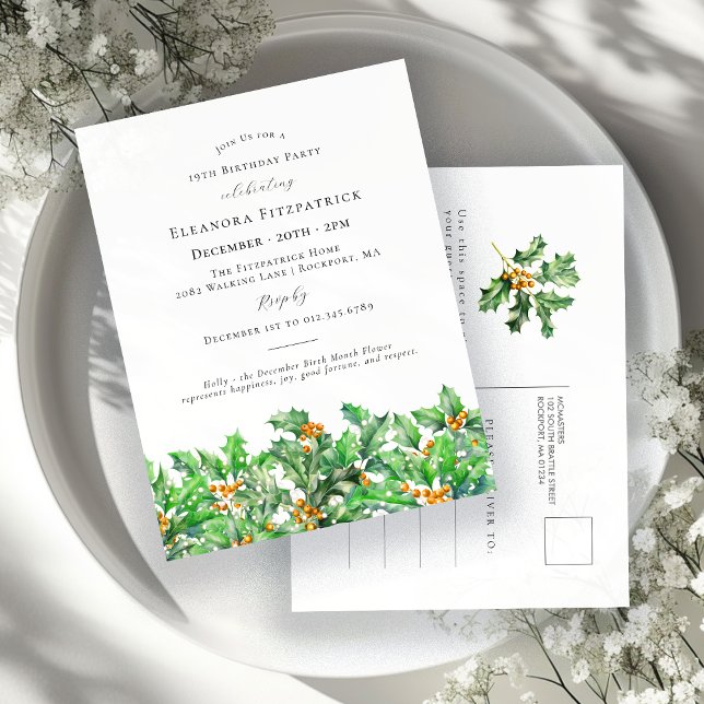 19-årsdag Holly December Födelsemånad Blomma\ Inbjudan Vykort (Skapare uppladdad)