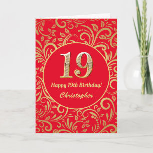 19-årsdag Röd och guld blommig mönster Kort
