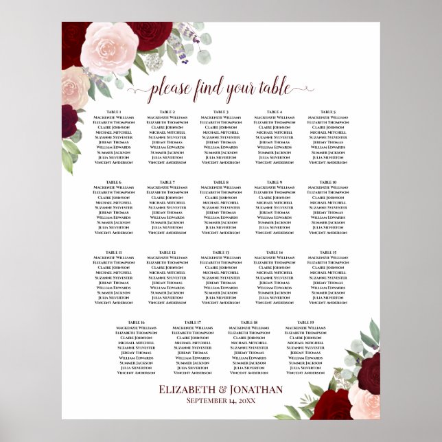 19 Bord Burgunderröd & Rosenskuggs Blomsterlig Pla Poster (Framsidan)