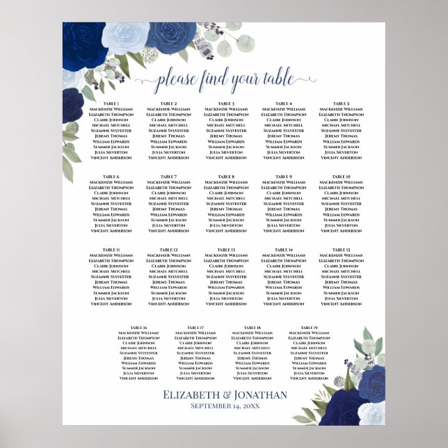 19 Bord Dammig Blå & Marinblå Blommig Placeringspl Poster (Framsidan)